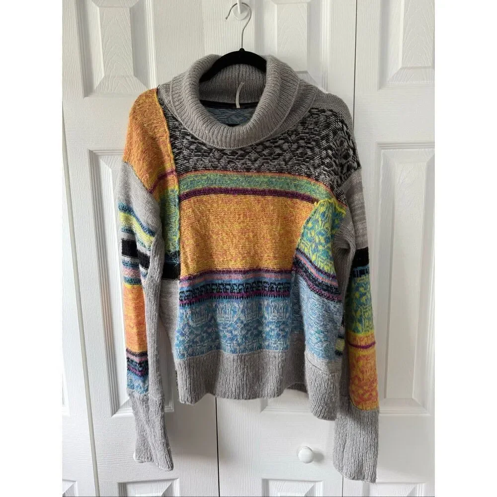 Free People Large This & That Stripe Mix Print Knit Turtleneck Sweater